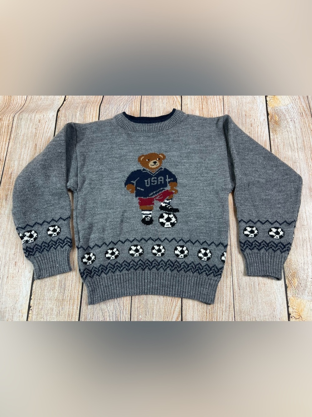 Vintage Express Soccer Bear Knit Grey Blue Crewneck Sweater Youth Kids Size 7X
